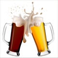 Realistic image of glass mugs with light and dark beer. .